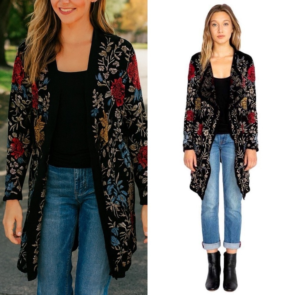JOHNNY WAS Biya Pua Floral Embroidered Wrap Cardigan Black Multi Sz XS